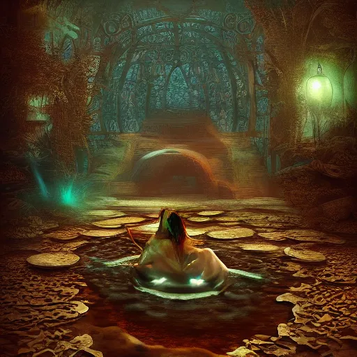 Image similar to beautiful symmetrical an old silent pond frog jumps into the pond splash! silence again, surrounded by machine axonometric fantasy intricate elegant highly detailed in volumetric void of latent space lush flowers surround, realm of the gods golden turquoise steampunk, high contrast cinematic light, mystical shadows, octane render, photographic, concept art, art high renaissance art, unreal engine 8 k