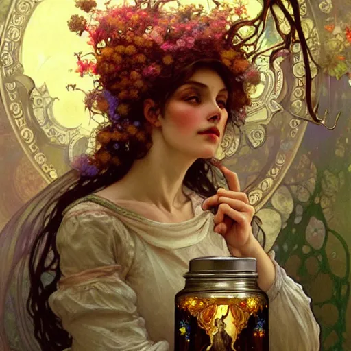 Image similar to A woman holding an enchanted jar full of magic flowers surrounded by fairies, fairy tale, face, fantasy, intricate, elegant, highly detailed, digital painting, artstation, concept art, smooth, sharp focus, illustration, art by Krenz Cushart and Artem Demura and alphonse mucha