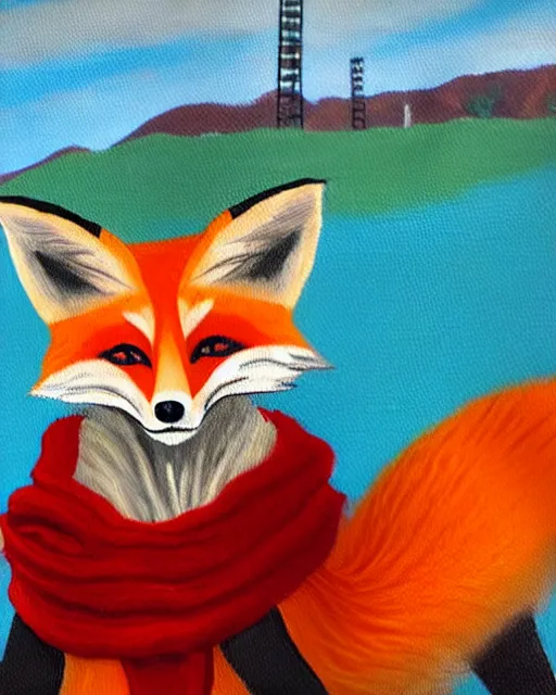 Image similar to oil painting portrait of anthropomorphic female fox animal dressed in sweater and scarf, fox animal, hollywood sign in background, location movie studio, oil painting,