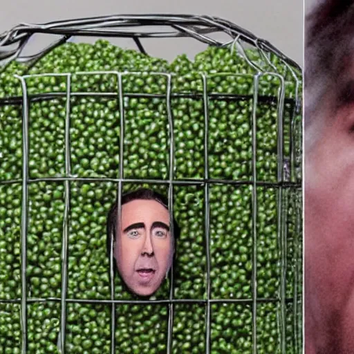 Image similar to nicolas cage trapped in a wicker cage with peas on his face, looking up, not the bees