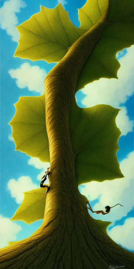 Image similar to a thin tree that reaches the clouds, low angle, ant perspective, fantasy digital painting by artgerm and leyendecker, surreal, photorealistic