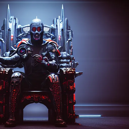Prompt: evil cyberpunk dark lord sitting on a throne, highly detailed, photorealistic portrait, bright studio setting, studio lighting, crisp quality and light reflections, unreal engine 5 quality render