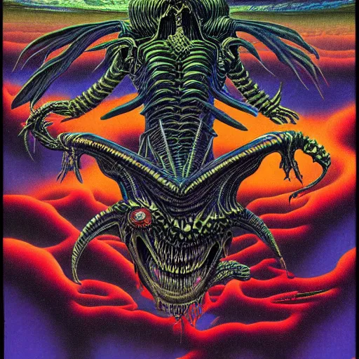 Prompt: thrash metal album cover in the style of roger dean, realistic, sharp focus, 8k high definition, insanely detailed, intricate, elegant, art by virgil finlay and philippe druillet