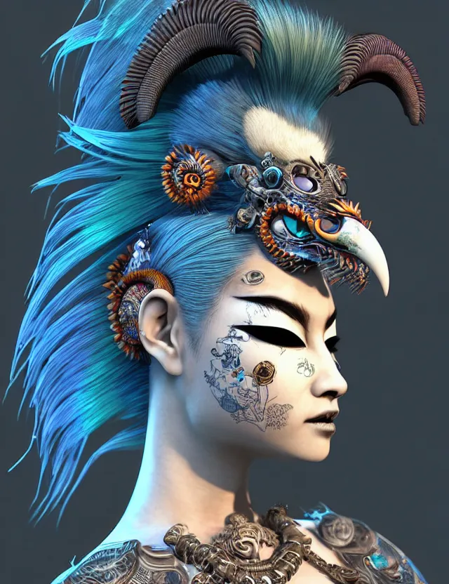 Image similar to 3 d photo realistic goddess close - up profile portrait punk with mohawk with ram skull. beautiful intricately detailed japanese crow kitsune mask and clasical japanese kimono. betta fish, jellyfish phoenix, bio luminescent, plasma, ice, water, wind, creature, artwork by tooth wu and wlop and beeple and greg rutkowski