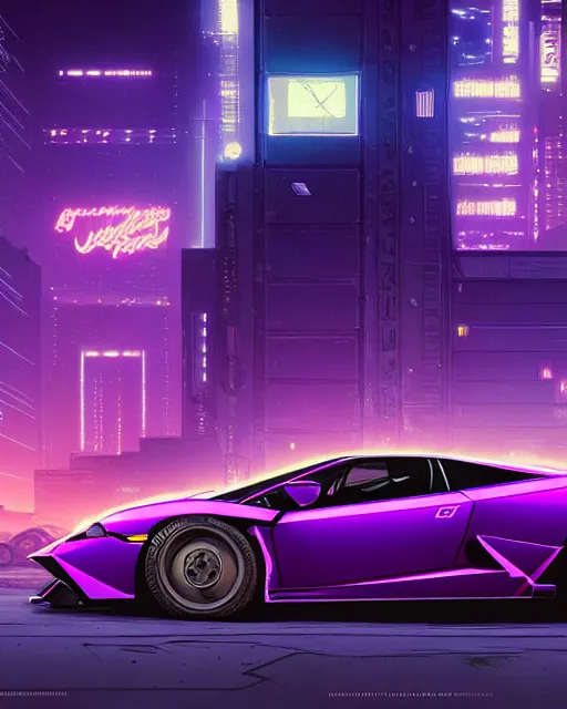 Prompt: digital illustration of cyberpunk purple lamborghini, in junkyard at night, by makoto shinkai, ilya kuvshinov, lois van baarle, rossdraws, basquiat