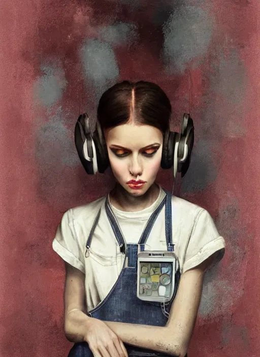 Prompt: digital _ painting _ of _ girl with headphones, overalls, combat boots _ by _ filipe _ pagliuso _ and _ justin _ gerard _ symmetric _ fantasy _ highly _ detailed _ realistic _ intricate _ port