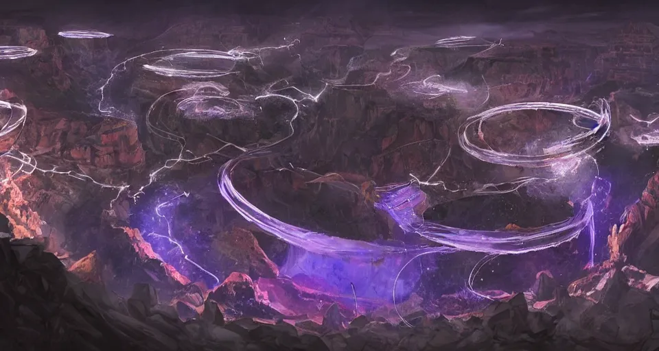 Image similar to night, a lot of people and a spiral - shaped white luminous attractor is floating in grand canyon, concept art, art for the game, professional lighting, art