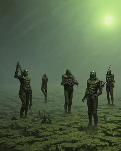 Image similar to group of sardaukar soldiers in a chlorine swamp, green hour, retrofuturism sci - fi old movie, highly detailed, photorealistic, 8 k, by beksinski and stalenhag