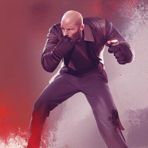 Prompt: jason statham fighting a pc, half body shot, path traced, fight scene, highly detailed, high quality, digital painting