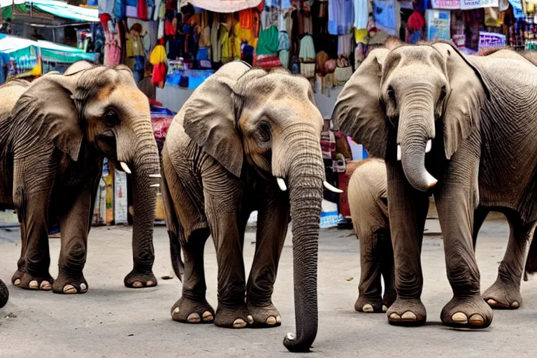 Image similar to elephants walking through an street market in India