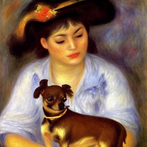 Prompt: a woman and her black and brown chihuahua by pierre - auguste renoir