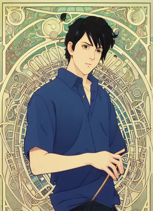 Image similar to handsome young man with short black hair, male, wearing a blue shirt, half body shot, path traced, highly detailed, high quality, digital painting, by studio ghibli and alphonse mucha, leesha hannigan, hidari, art nouveau, chiho aoshima, posuka demizu