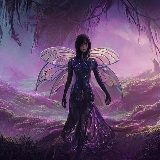 Prompt: ultra realistic illustration of cyber fairy, song hye - kyo, alien homeworld, epic landscape, swamps, advanced technology, special effects, colorful lights, space ship in the distance, intricate, elegant, highly detailed, digital painting, artstation, concept art, smooth, sharp focus, illustration, art by artgerm and tim mcburnie and anato finnstark