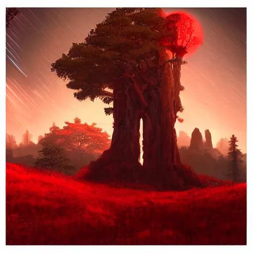 Image similar to red ancient temple between green hills with big trees, star trails, dramatic lighting, artstation, matte painting, caspar david friedrich, simon stalenhag