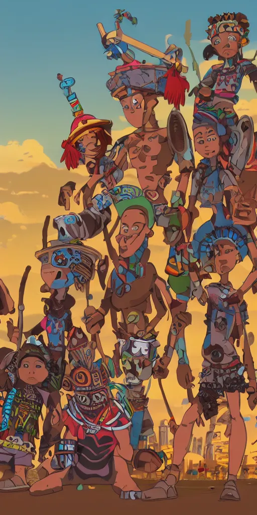 Prompt: a film still for a Sony Pictures animated movie, four kids wearing African tribal masks with graffiti war paint stand together in an open field in the middle of the city ready for battle, video game character design , fan art behance hd, medium shot, waist up, studio Ghibli, Pixar and Disney animation, sharp, Rendered in Unreal Engine 5, anime key art by Greg Rutkowski, Bloom, dramatic sunset lighting