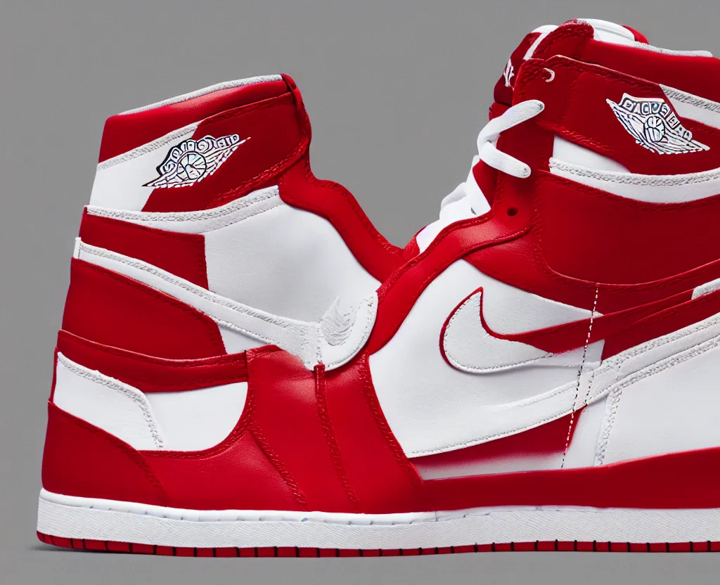 Image similar to a press photograph of nike air jordan 1 high red and white, size 1 0, white background