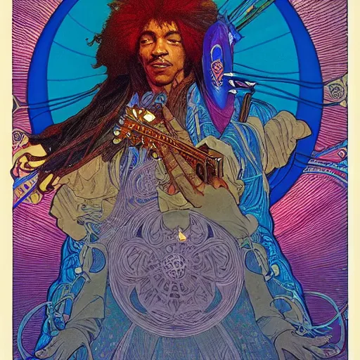 Image similar to colorfull artwork by Franklin Booth and Alphonse Mucha showing a portrait of Jimi Hendrix as a futuristic space shaman