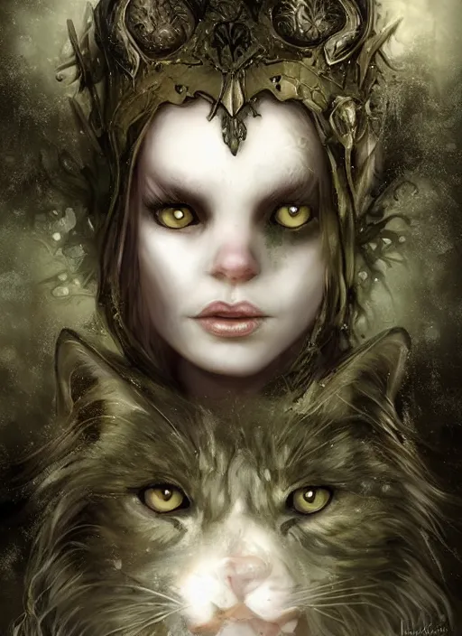 Image similar to medieval female warrior, green eyes, dark forbidden forest, wolves, white cat, by Lecouffe-Deharme, by Natalie Shau