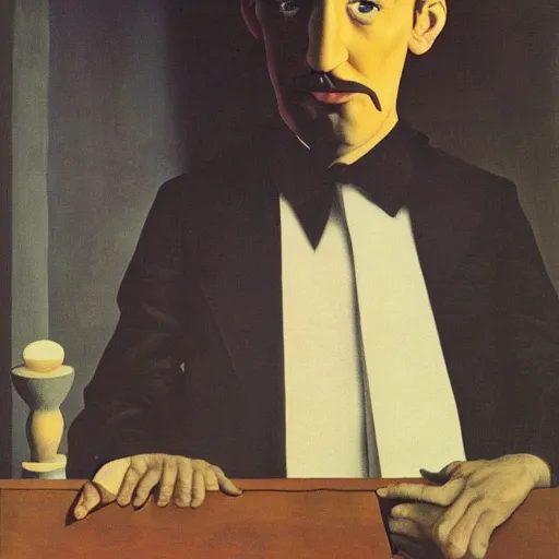Prompt: surrealist painting of Bo Burnham with a beard sit in a almost dark room alone by Magritte, Dali, Andre Breton and Max Ernst