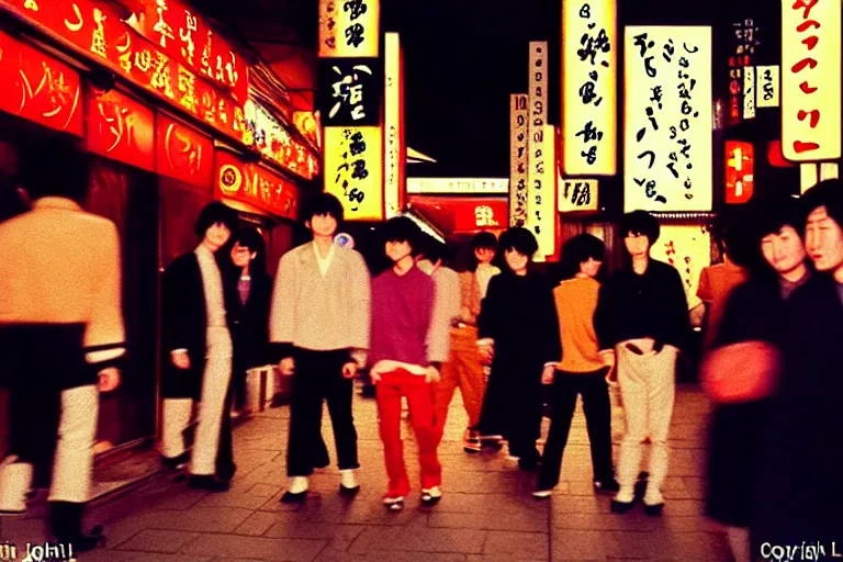 Image similar to masterful photography by haruto hoshi and yang seung woo and saul leiter, young people enjoying night life in kabuki cho japan in the 1 9 9 0 s, film grain, full color, shot on kodak gold with a canon 8 5 mm lens aperture f / 5. 6, hyperrealistic