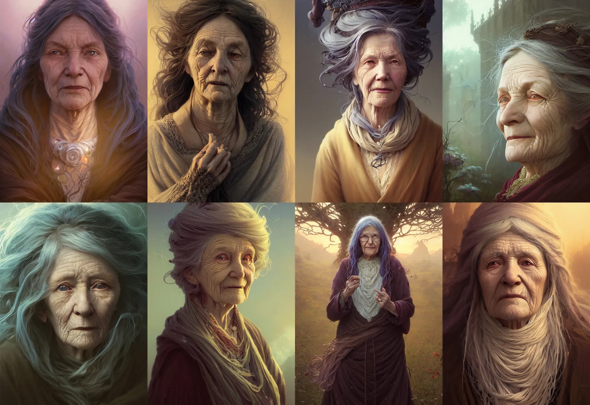 Image similar to highly detailed portrait of an old woman with long hairs, stephen bliss, unreal engine, fantasy art by greg rutkowski, loish, rhads, ferdinand knab, makoto shinkai and lois van baarle, ilya kuvshinov, rossdraws, tom bagshaw, alphonse mucha, global illumination, radiant light, detailed and intricate environment