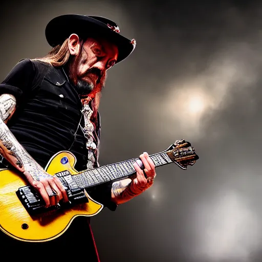 Prompt: lemmy kilmister as an angel coming down from the clouds, guitar in hand, realistic, 8k resolution, hyperdetailed, highly detailed, real life, studio lighting, high quality, dramatic shot,