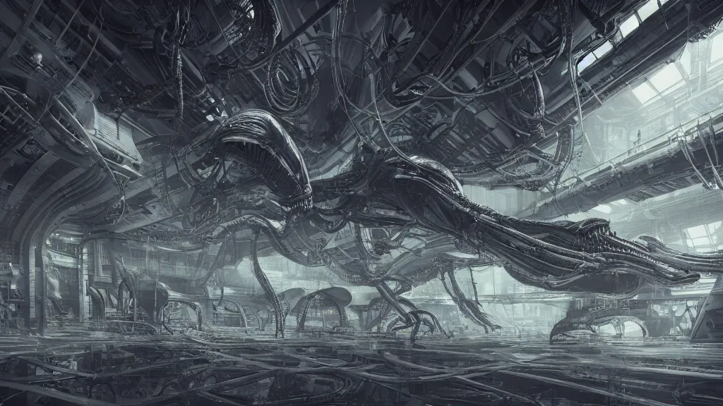 Prompt: a Photorealistic dramatic hyperrealistic,hyper detailed render of an Epic Sci-Fi, Gigantic Alien xenomorph spaceship inside huge interior hangar,intricate bio mechanical surface details in a top secret research facility,many tubes and cables hanging from the ceiling by Greg Rutkowski,Nicolas Bouvier,Sparth,ILM,Beautiful dynamic dramatic very dark moody contrast warm and cold lighting,Volumetric,Cinematic Atmosphere,Octane Render,Artstation,8k