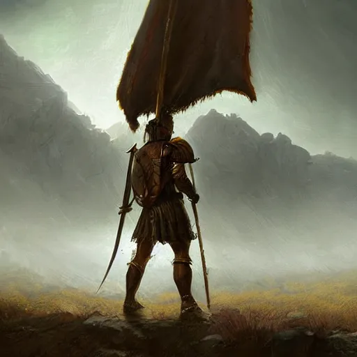 Prompt: a lone spartan warrior aftermatch scavenging for food in the wilderness casper david friedrich raphael lacoste vladimir kush leis royo volumetric light effect broad light oil painting painting fantasy art style sci - fi art style realism artwork unreal engine