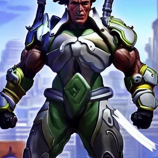 Image similar to a screenshot of arnold schwarzenegger as genji in overwatch, detailed, hyper realistic, award winning photo