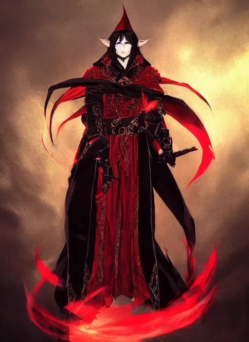 Image similar to Full body portrait of a handsome mature elf fire mage with long black hair wearing ornate scarlet robe. In style of Yoji Shinkawa and Hyung-tae Kim, trending on ArtStation, dark fantasy, great composition, concept art, highly detailed, dynamic pose.