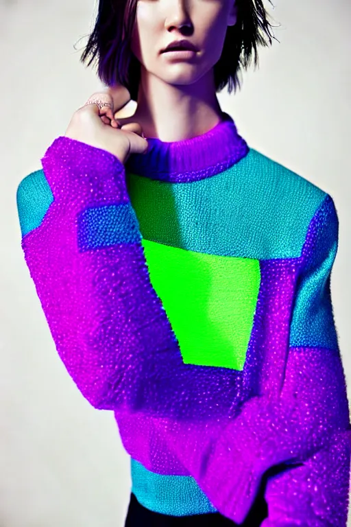 Image similar to stylish pullover for a rave bright colors, many details, photo for a magazine, photo for a store, fashion photography, Vogue, cinematic, hyper realism, high detail, 8k, very coherent symmetrical work, perfect face model, full length photo, Upper and lower body, white eyes, photographer style by Nik Night Erik Madigan Hec and Walter Chin and Camilla Akrans and Miles Aldridge