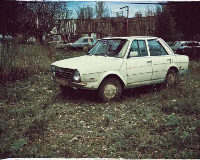 Image similar to a lomographic photo of old lada 2 1 0 7 standing in typical soviet yard in small town, hrushevka on background, cinestill, bokeh