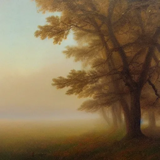 Image similar to an impressive 1 8 0 0 s romanticism - inspired oil painting of a foggy tree line at dawn inspired by liberty leading the people