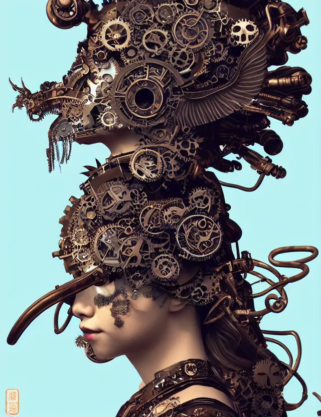 Prompt: 3 d goddess close - up profile steampunk portrait ram skull. beautiful intricately detailed japanese crow kitsune mask and clasical japanese kimono. betta fish, jellyfish phoenix, bio luminescent, plasma, ice, water, wind, creature, artwork by tooth wu and wlop and beeple and greg rutkowski