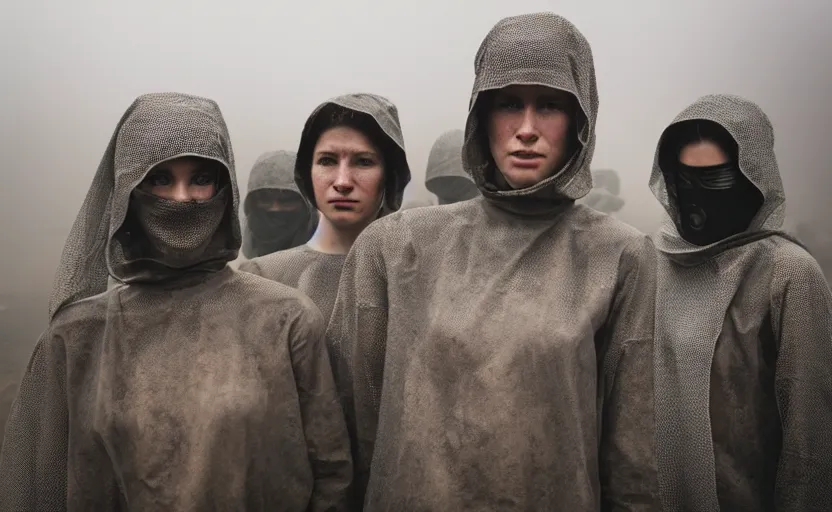 Prompt: cinestill 5 0 d photographic portrait by helen levitt of a group of diverse android women wearing rugged black mesh techwear in a foggy cement maze, extreme closeup, modern cyberpunk, dust storm, 8 k, hd, high resolution, 3 5 mm, f / 3 2, ultra realistic faces, intricate detail, ex machina