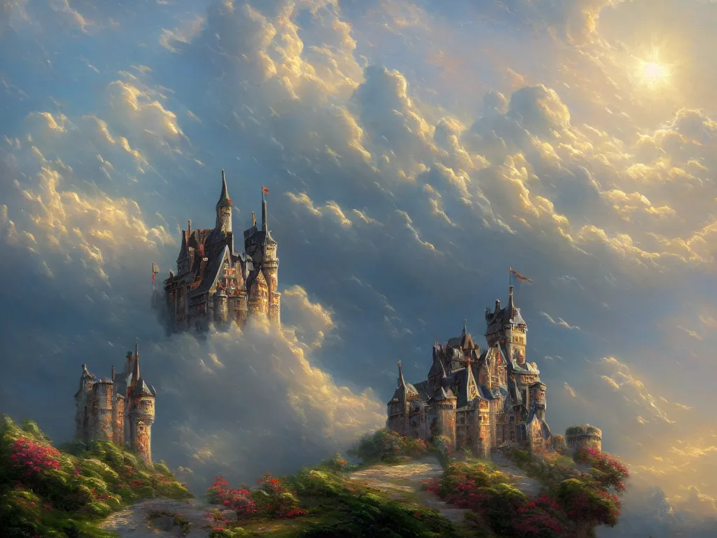Prompt: a beautiful painting of a castle on the clouds in the skies, by greg rutkowsky and thomas kinkade. trending on artstation. highly detailed oil painting, fiction