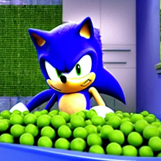 Image similar to sonic the hedgehog in a bath full of peas