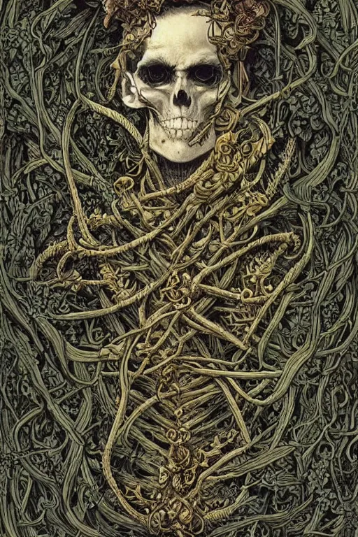 Image similar to portrait of dead king skeleton wrapped in vines, black paper, baroque, rococo, tarot card with ornate border frame, marc Simonetti, paul pope, peter mohrbacher, detailed, intricate ink illustration