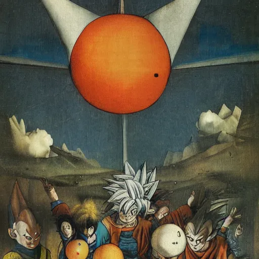 Image similar to dragonball z by Hieronymus Bosch, museum catalog, wikiart, 8k google art scan