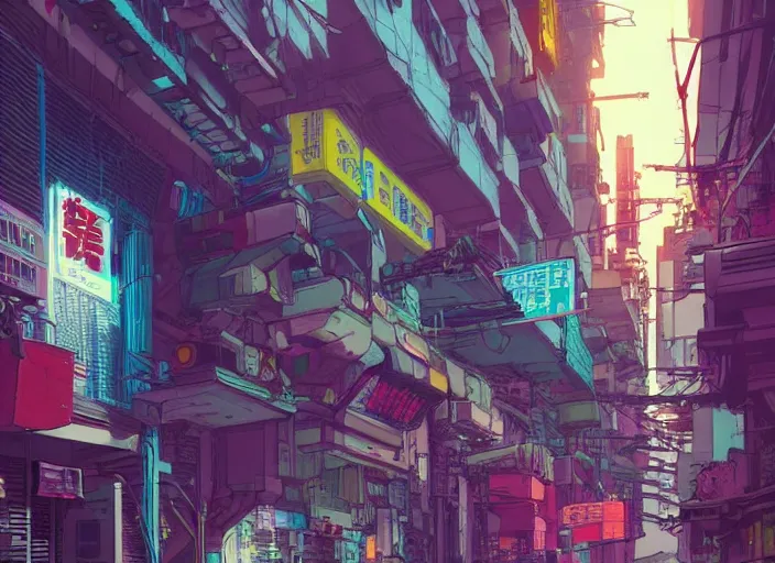 Prompt: a cyberpunk hong kong alley with robots and humans walking around by moebius, pixar color palette, clear details