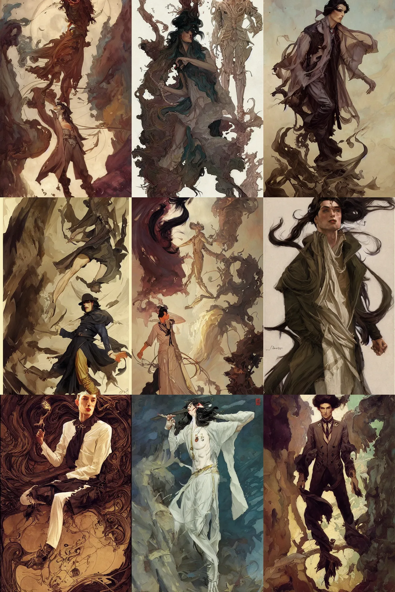 Prompt: thin male mage with long dark hair, 1 9 2 0 s fashion, fantasy, art by joseph leyendecker, peter mohrbacher, ruan jia, finnian macmanus, marc simonetti, vasnetsov, cedric peyravernay