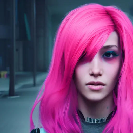 Prompt: portrait beatiful girl with pink hair, cyberpunk, cinematic, unreal engine, 4k, realistic