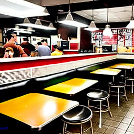 Image similar to busy wafflehouse interior with customers eating breakfast and wafflehouse employees serving food and cooking food behind countertop that has food on top of it