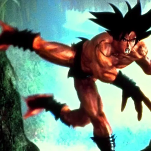 Prompt: Black-haired Saiyan warrior, fighting Yautja Predator in the jungle, 1987 cinematic, film quality