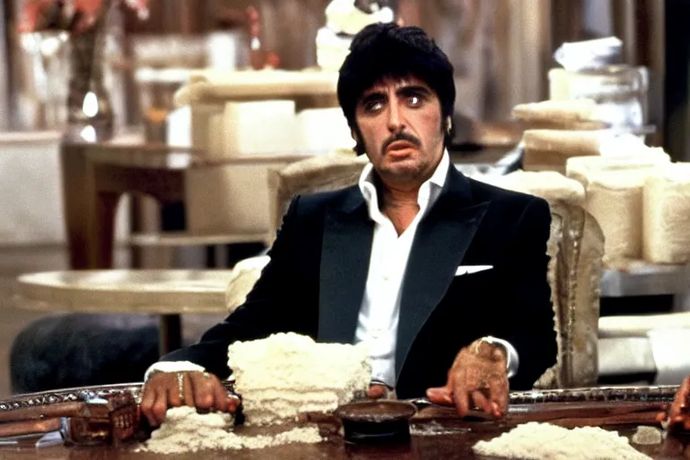 Prompt: tony montana from movie scarface 1 9 8 3 sitting behind a big black oak table with big large packages of flour. al pacino. perfect symmetric face, coherent eyes, close up, fine details, 4 k, ron cobb. last scene from scarface movie