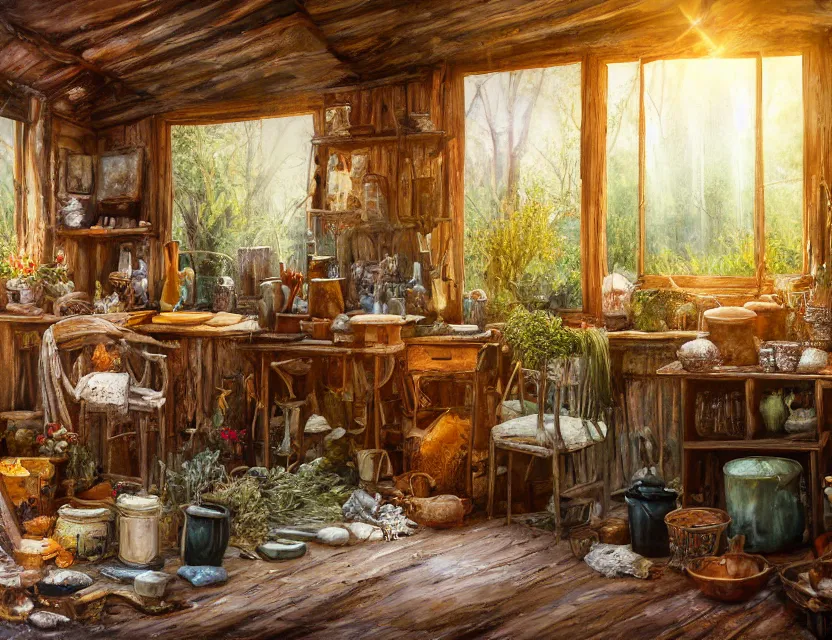 Image similar to expressive rustic oil painting, interior view of a cluttered herbalist cottage, waxy candles, burning herbs hazy, dried herbs, cabinets, wood furnishings, herbs hanging, wood chair, light bloom, dust, ambient occlusion, morning, rays of light coming through windows, dim lighting, brush strokes oil painting