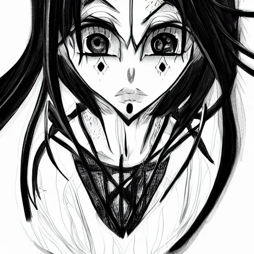 Image similar to headshot art of a goth anime woman, attractive, symmetrical face, cell-shading, trending on artstation, black and white watercolor