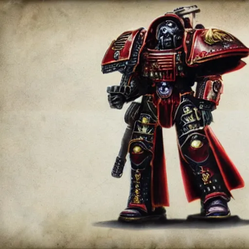 Image similar to a beautiful highly detailed matte painting of Warhammer 40k Space Marine Blood Ravens soldier standing next to a spaceship