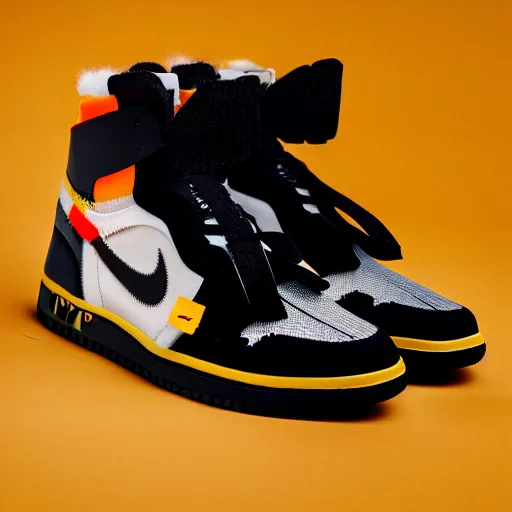 Image similar to a studio photoshoot of Nike Off-white Jordan 1 sneakers designed by Virgil Abloh, knitted mesh material, gum rubber outsole, realistic, color film photography by Tlyer Mitchell, 35 mm, Graflex