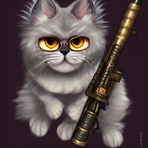 Image similar to a fantasy game portrait of a persian cat. the persian cat has a determined expression and is holding a bazooka. highly detailed and trending on art station.